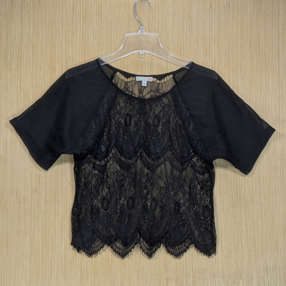 GB Gianni Bini Black Lace Sheer Blouse Cropped Top Women's Small Whimsygoth Chic